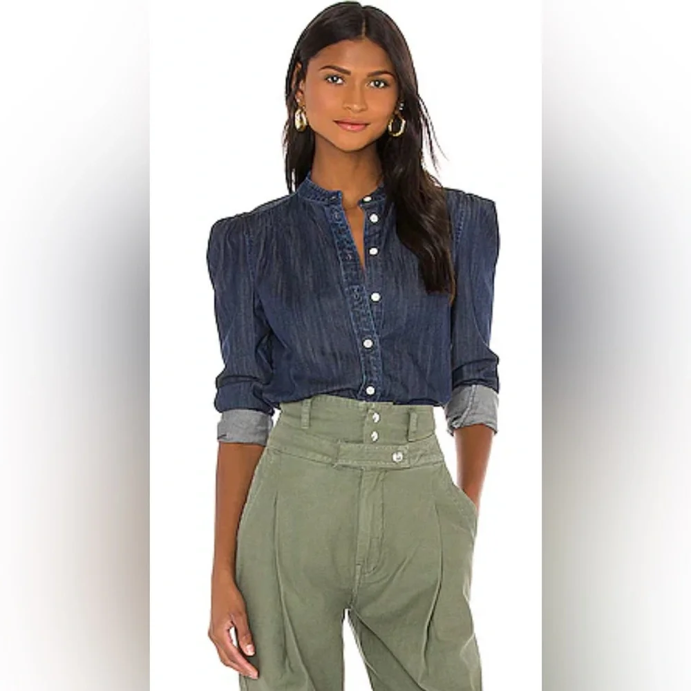 Revolve Frame Charlie Button Up Denim Top Pleated Puff Sleeves Western Sz Large - Picture 9 of 9